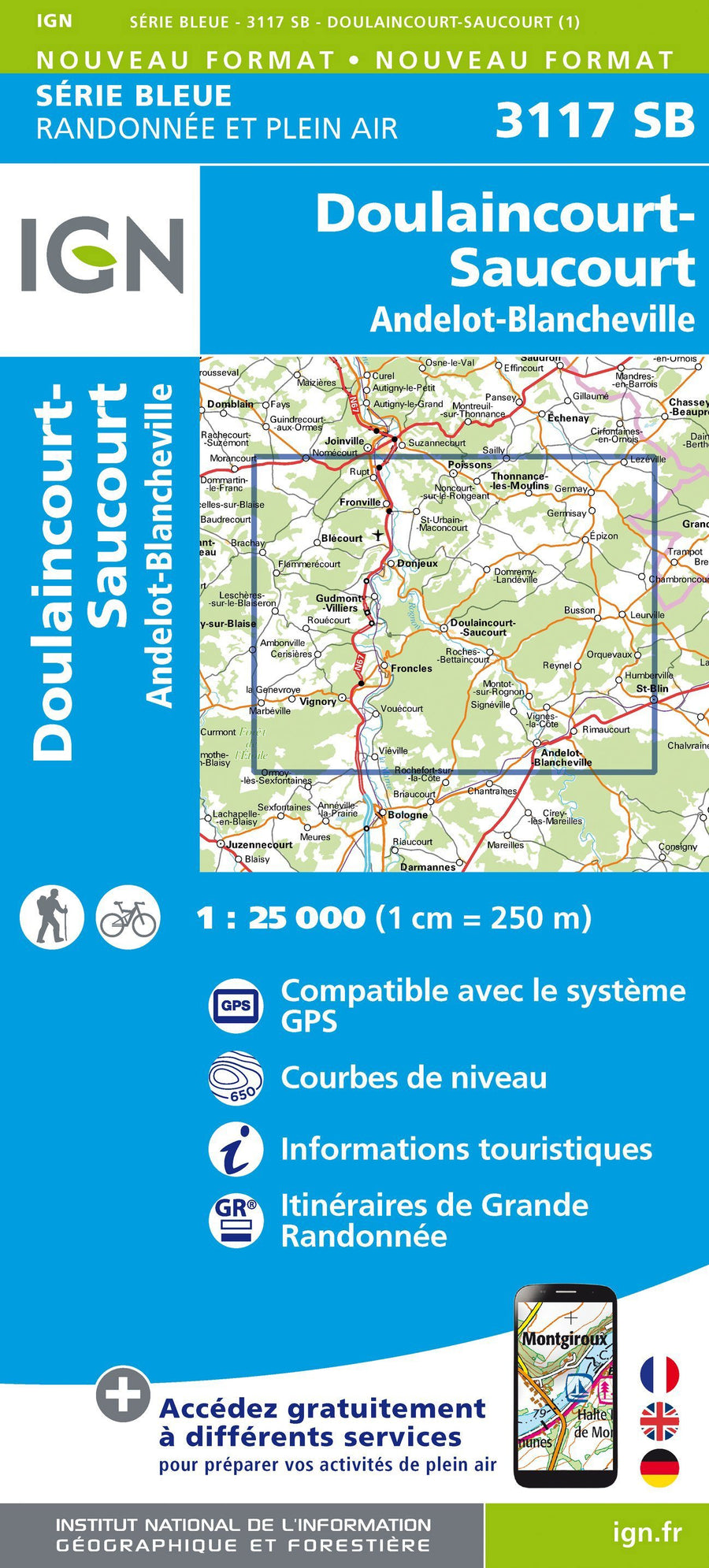 Carte de randonnée n° 3117 - Doulaincourt-Saucourt, Andelot-Blancheville | IGN - Série Bleue carte pliée IGN 