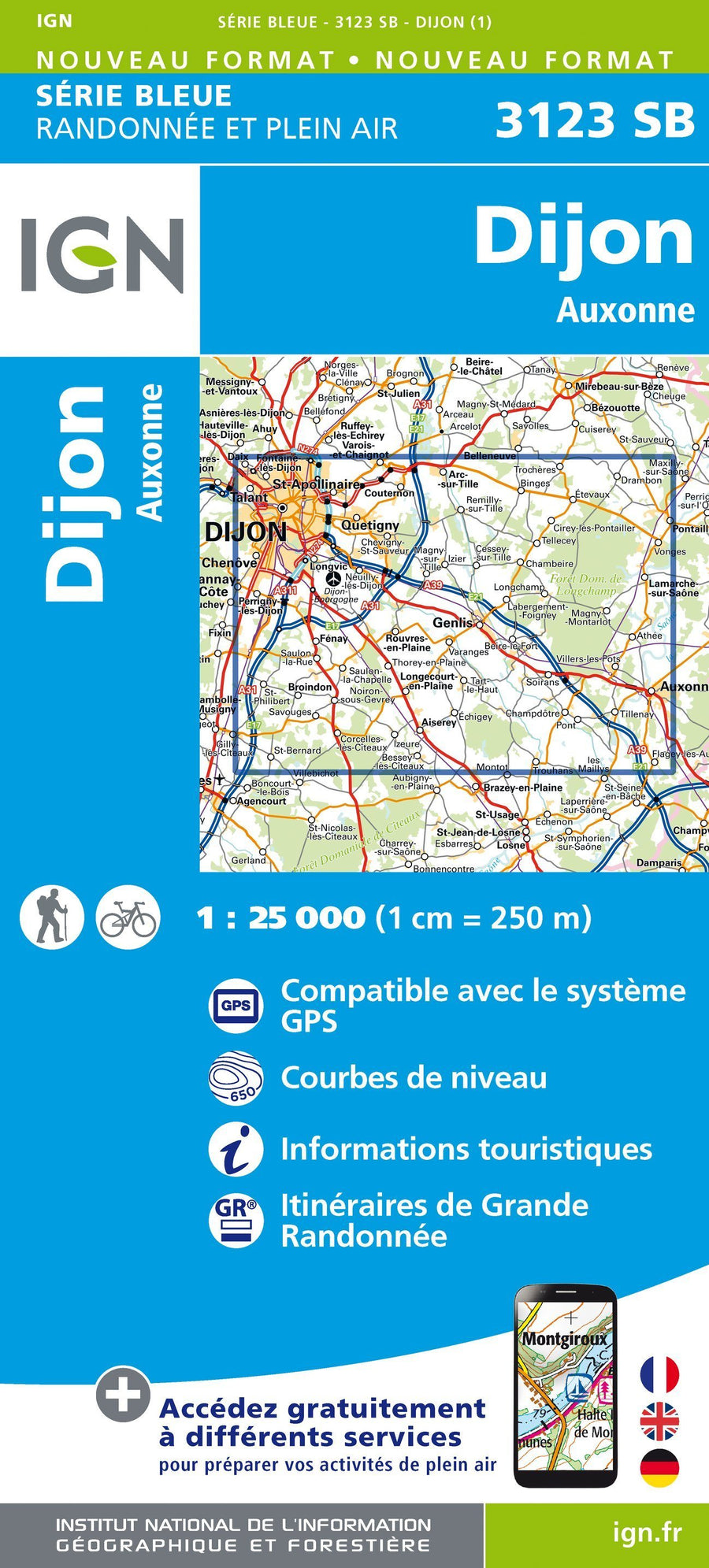 Carte de randonnée n° 3123 - Dijon , Auxonne | IGN - Série Bleue carte pliée IGN 