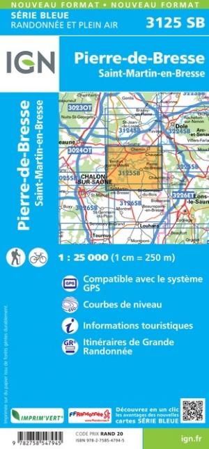 Carte de randonnée n° 3125 - Pierre-de-Bresse, Saint-Martin-en-Bresse | IGN - Série Bleue carte pliée IGN 
