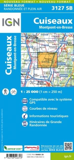 Carte de randonnée n° 3127 - Cuiseaux, Montpont-en-Bresse | IGN - Série Bleue carte pliée IGN 