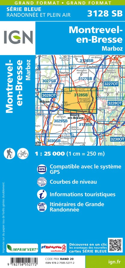 Carte de randonnée n° 3128 - Montrevel-en-Bresse, Marboz | IGN - Série Bleue carte pliée IGN 