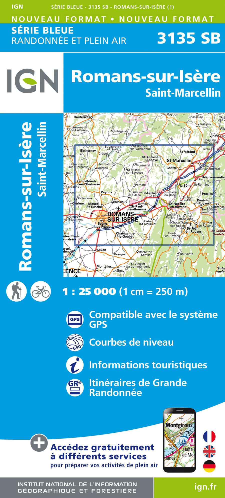 Carte de randonnée n° 3135 - Romans-sur-Isère, St-Marcellin | IGN - Série Bleue carte pliée IGN 
