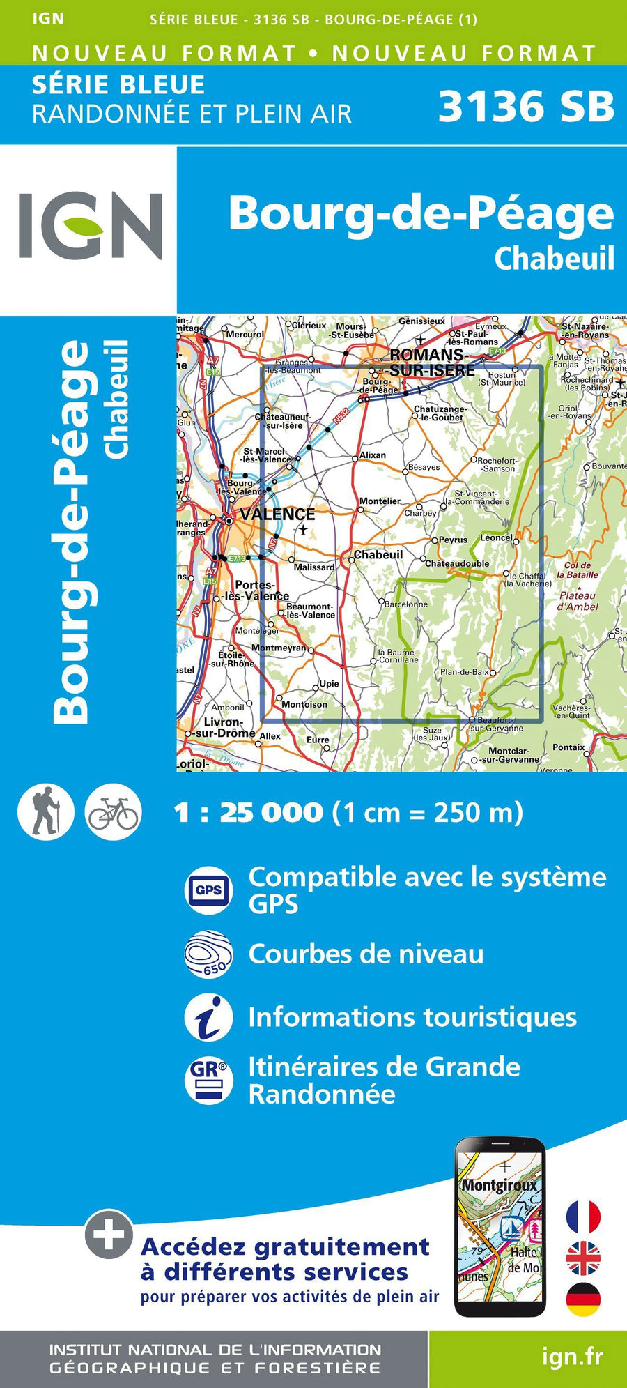 Carte de randonnée n° 3136 - Bourg-de-Péage, Chabeuil | IGN - Série Bleue carte pliée IGN 