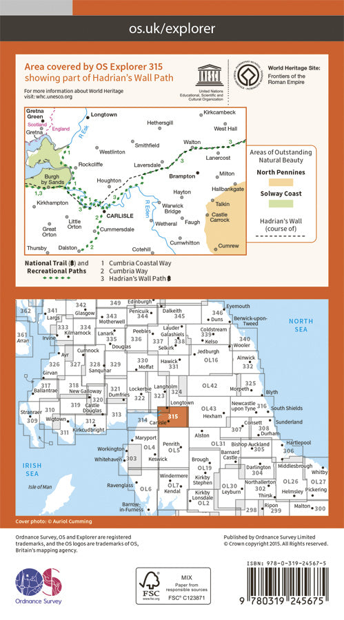 Carte de randonnée n° 315 - Carlisle, Brampton, Longtown, Gretna Green (Grande Bretagne) | Ordnance Survey - Explorer carte pliée Ordnance Survey Papier 