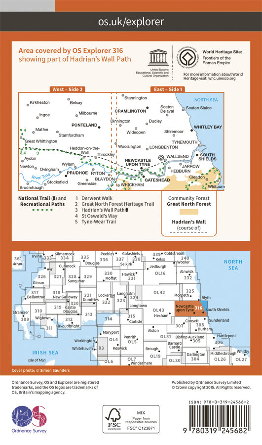 Carte de randonnée n° 316 - Newcastle upon Tyne (Grande Bretagne) | Ordnance Survey - Explorer carte pliée Ordnance Survey Papier 