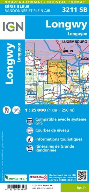 Carte de randonnée n° 3211 - Longwy, Longuyon - VERSION MURALE ET PLASTIFIEE | IGN - Série Bleue carte murale grand tube IGN 