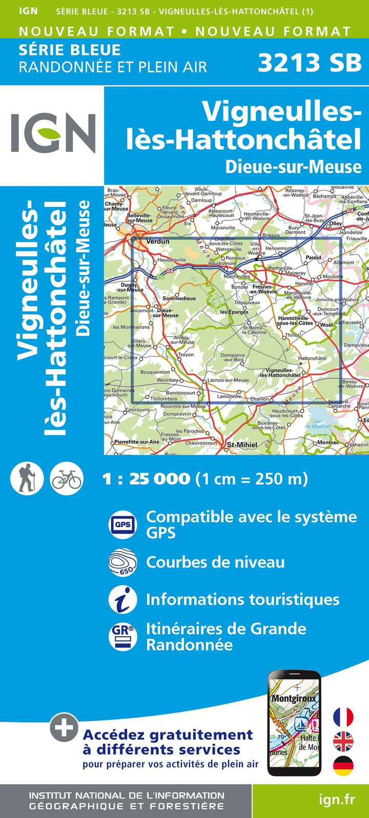 Carte de randonnée n° 3213 - Vigneulles-lès-Hattonchâtel, Dieue-sur-Meuse | IGN - Série Bleue carte pliée IGN 