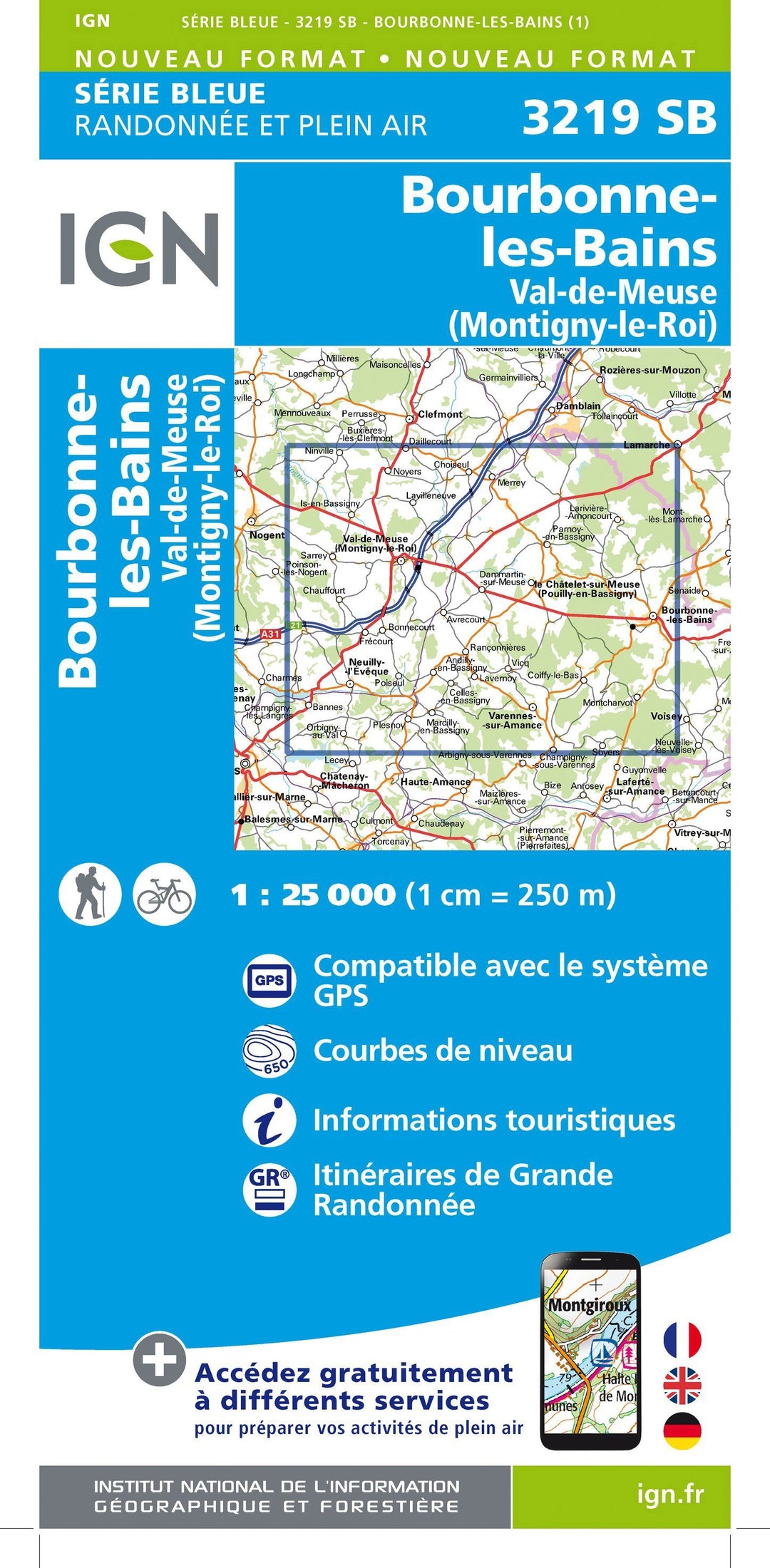 Carte de randonnée n° 3219 - Bourbonne-les-Bains, Val-de-Meuse | IGN - Série Bleue carte pliée IGN 