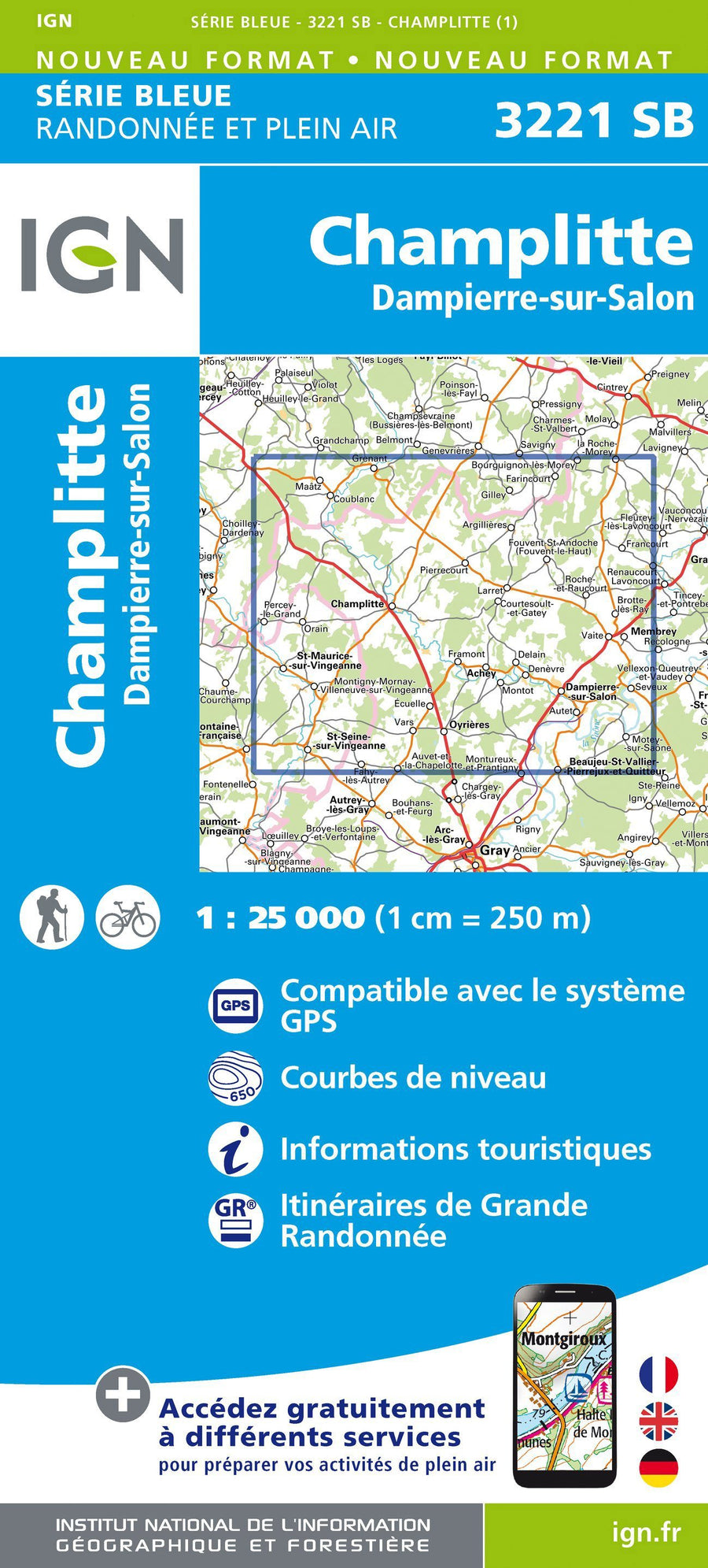 Carte de randonnée n° 3221 - Champlitte, Dampierre-sur-Salon | IGN - Série Bleue carte pliée IGN 