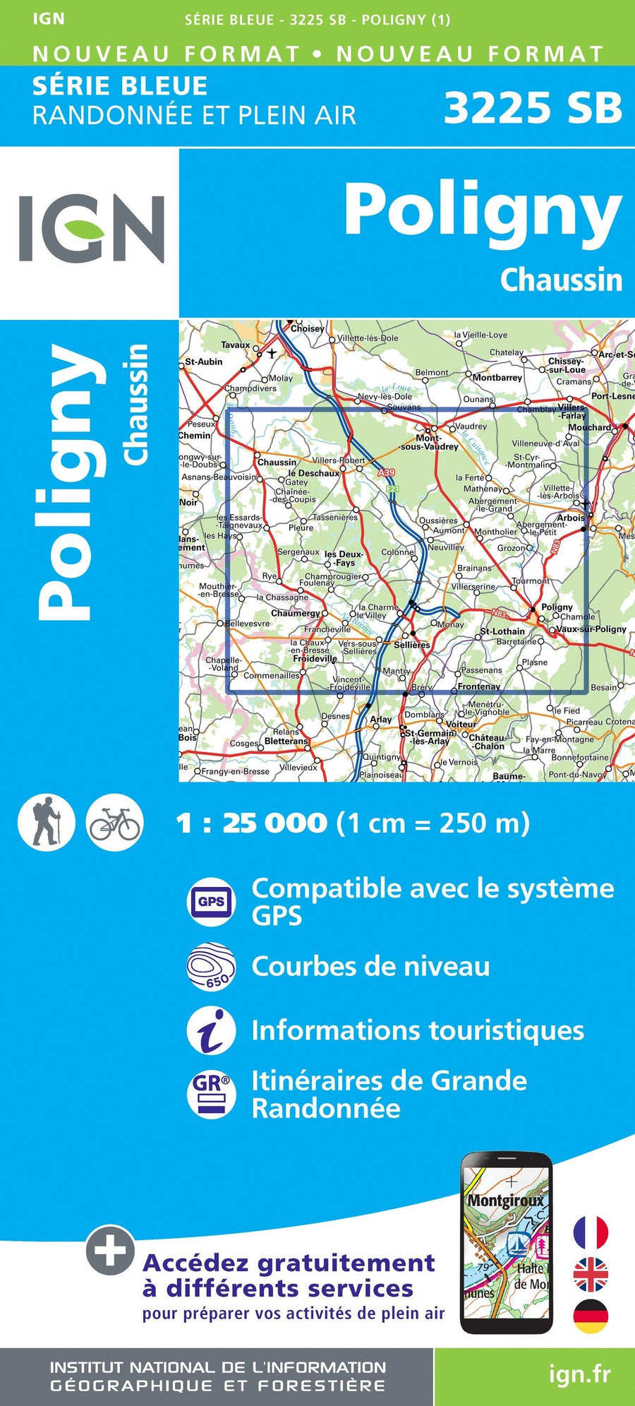 Carte de randonnée n° 3225 - Poligny, Chaussi | IGN - Série Bleue carte pliée IGN 