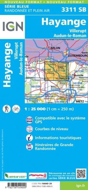 Carte de randonnée n° 3311 - Hayange, Villerupt, Audun-le-Roman | IGN - Série Bleue carte pliée IGN 
