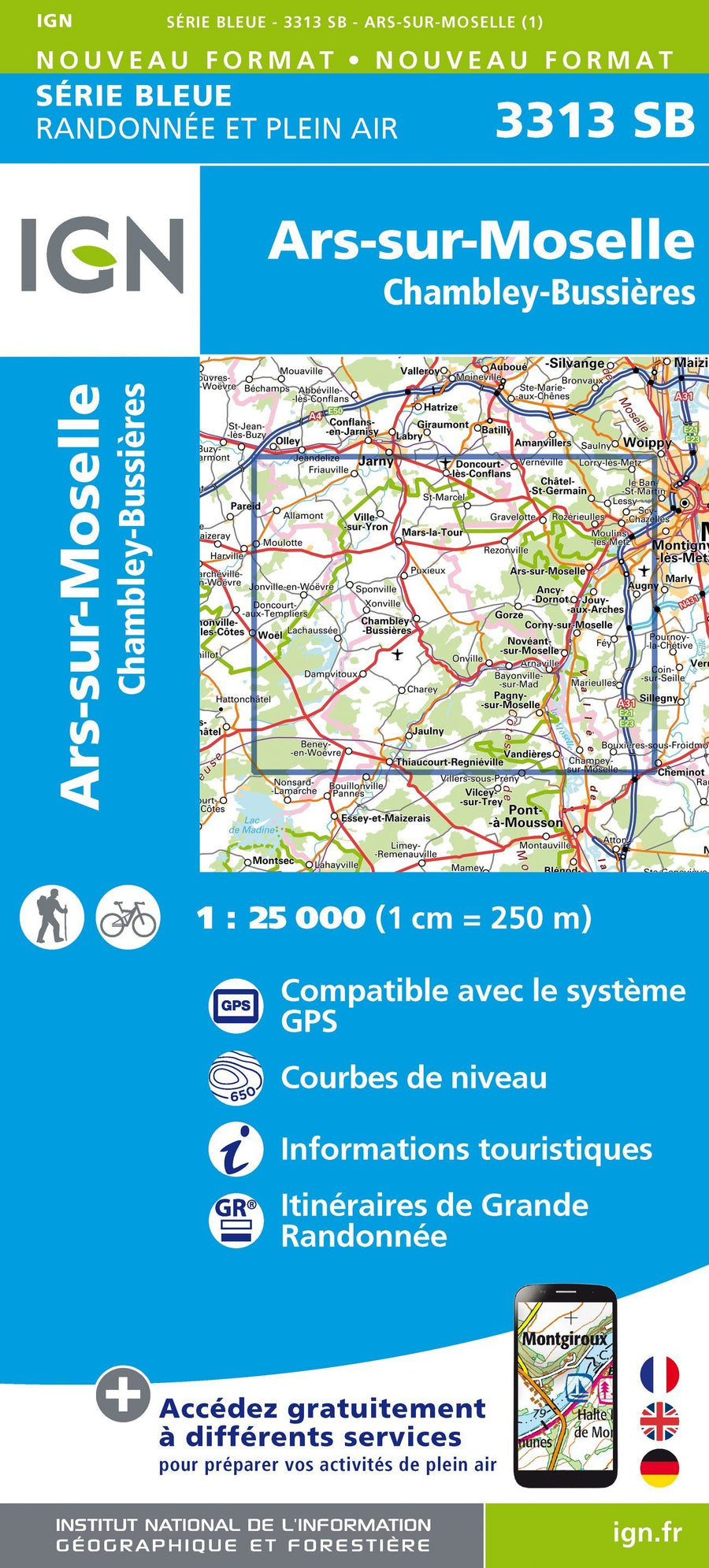 Carte de randonnée n° 3313 - Ars-sur-Moselle, Chambley-Bussières | IGN - Série Bleue carte pliée IGN 