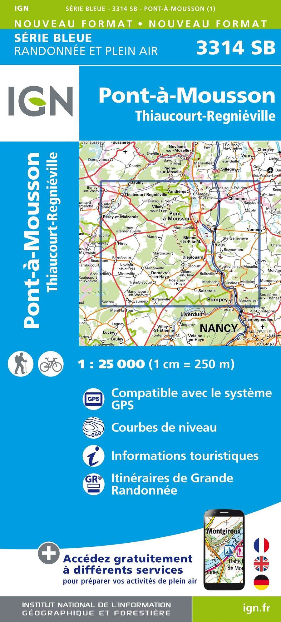 Carte de randonnée n° 3314 - Pont-à-Mousson, Thiaucourt-Regniéville | IGN - Série Bleue carte pliée IGN 