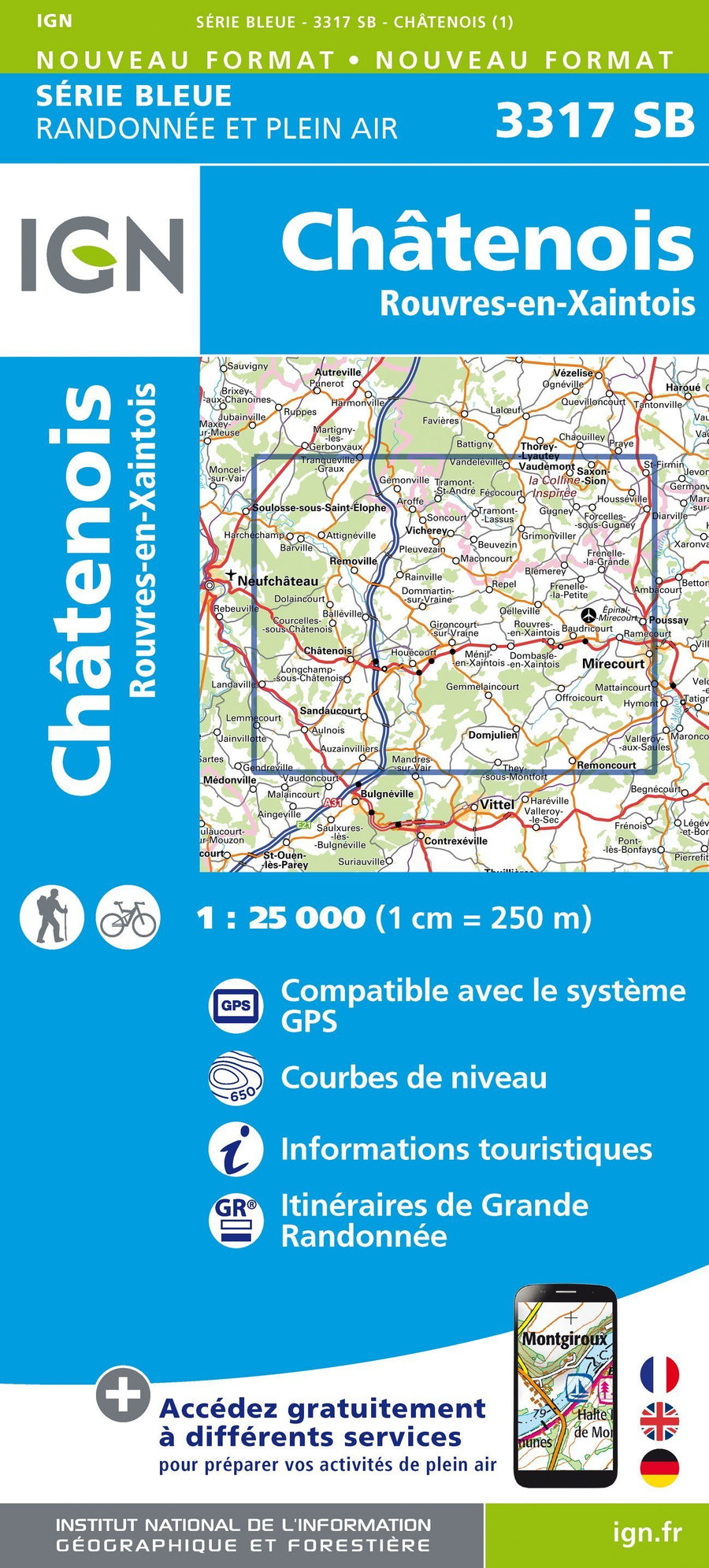 Carte de randonnée n° 3317 - Châtenois, Rouvres-en-Xaintois | IGN - Série Bleue carte pliée IGN 
