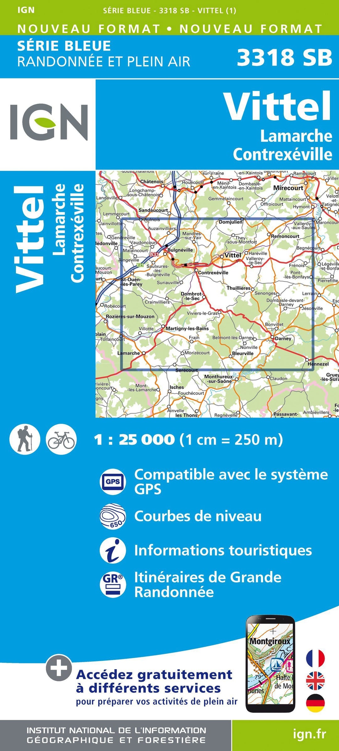 Carte de randonnée n° 3318 - Vittel, Lamarche, Contrexéville | IGN - Série Bleue carte pliée IGN 