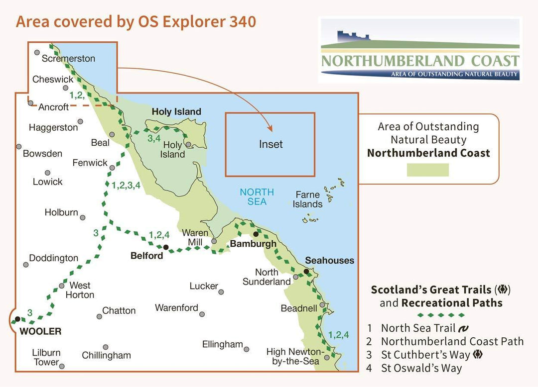 Carte de randonnée n° 340 - Holy Island, Bamburgh (Grande Bretagne) | Ordnance Survey - Explorer carte pliée Ordnance Survey 