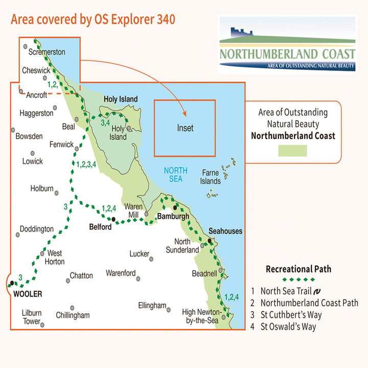 Carte de randonnée n° 340 - Holy Island, Bamburgh (Grande Bretagne) | Ordnance Survey - Explorer carte pliée Ordnance Survey Papier 