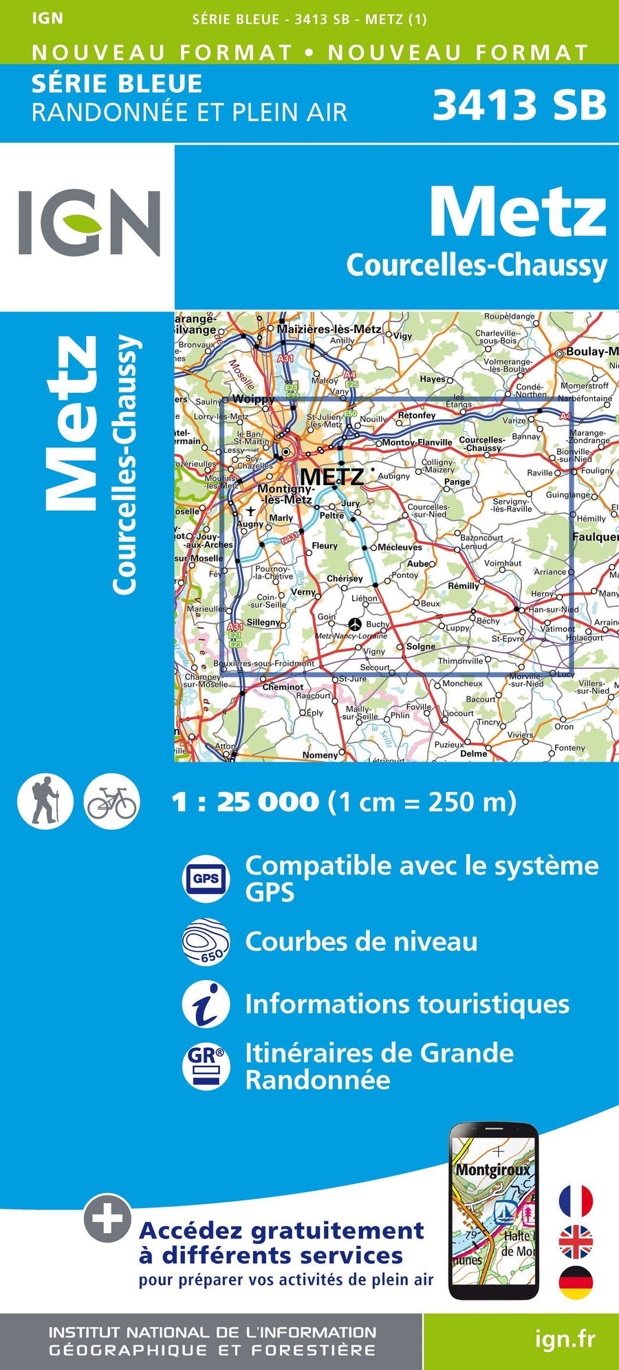 Carte de randonnée n° 3413 - Metz, Courcelles-Chaussy | IGN - Série Bleue carte pliée IGN 