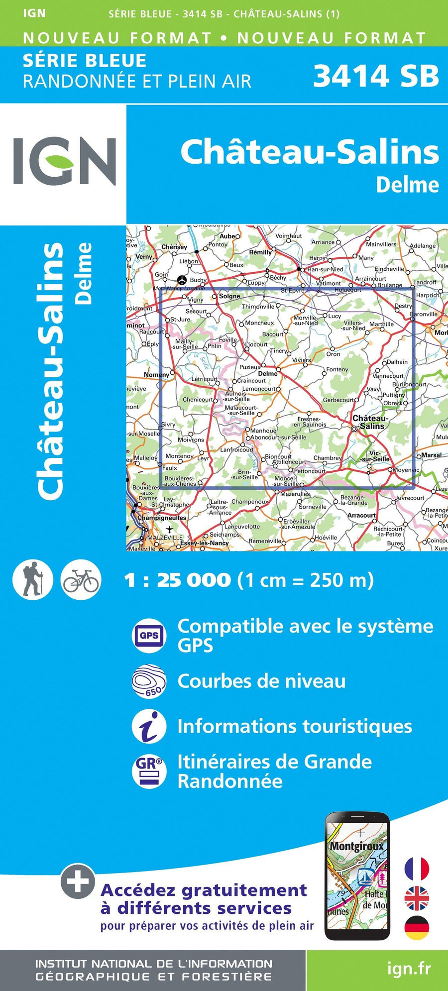 Carte de randonnée n° 3414 - Château-Salins, Delme | IGN - Série Bleue carte pliée IGN 