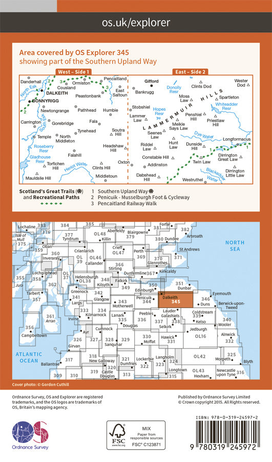 Carte de randonnée n° 345 - Lammermuir Hills (Grande Bretagne) | Ordnance Survey - Explorer carte pliée Ordnance Survey Papier 