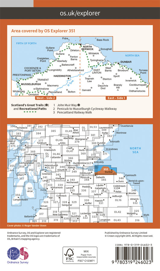 Carte de randonnée n° 351 - Dunbar, North Berwick (Grande Bretagne) | Ordnance Survey - Explorer carte pliée Ordnance Survey Papier 