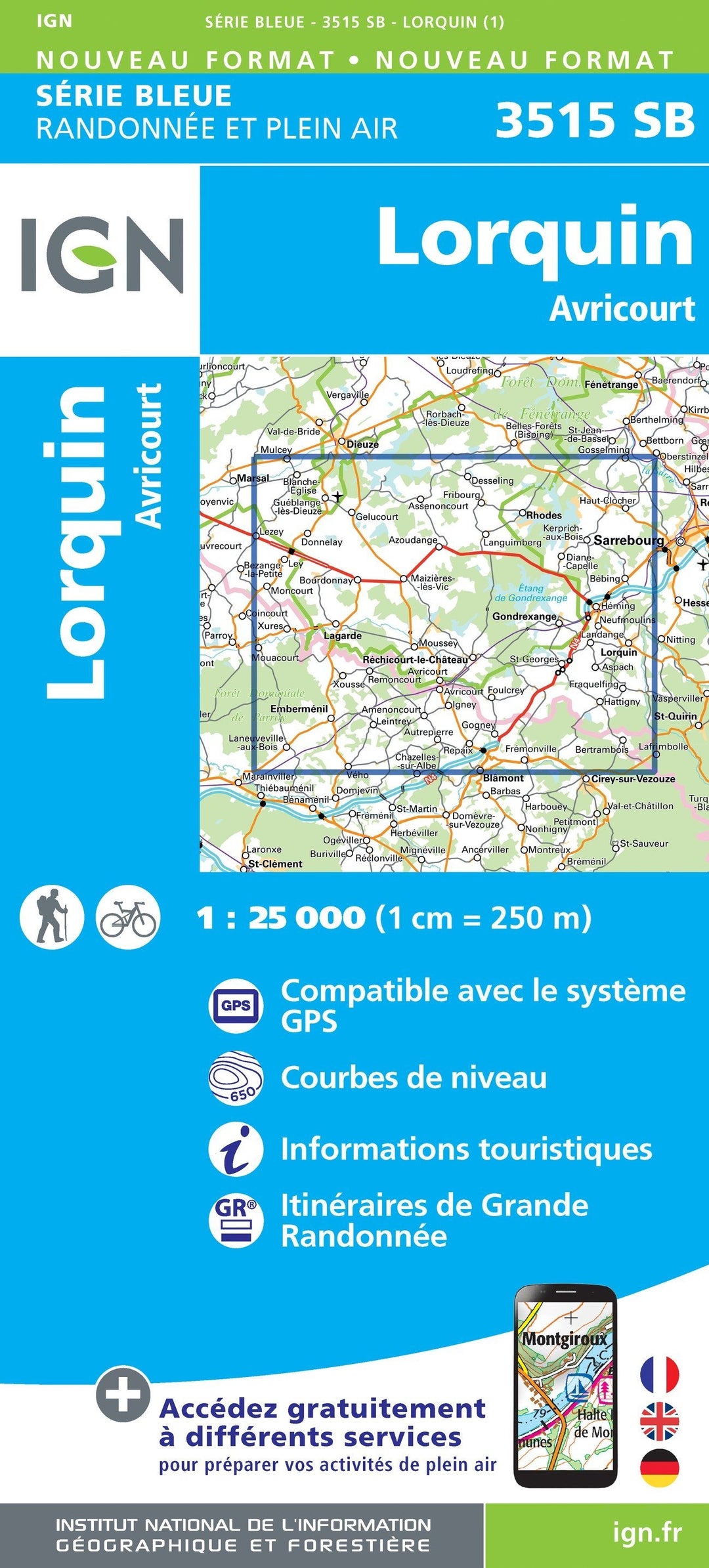 Carte de randonnée n° 3515 - Lorquin, Avricourt | IGN - Série Bleue carte pliée IGN 