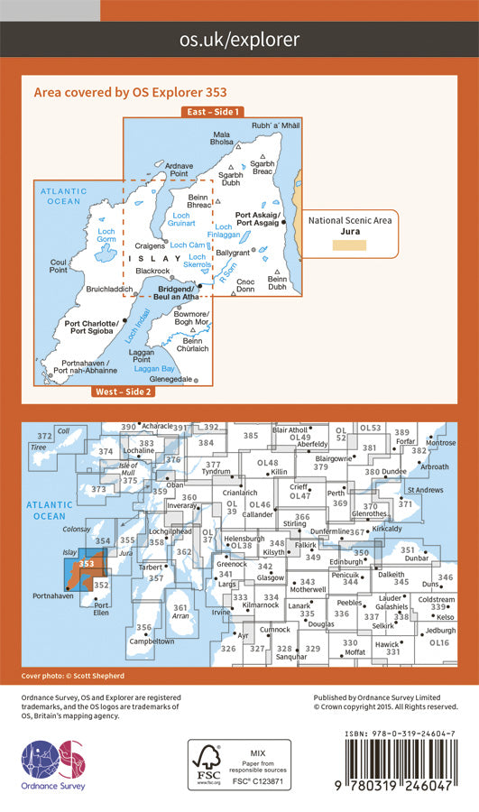 Carte de randonnée n° 353 - Islay North (Grande Bretagne) | Ordnance Survey - Explorer carte pliée Ordnance Survey Papier 