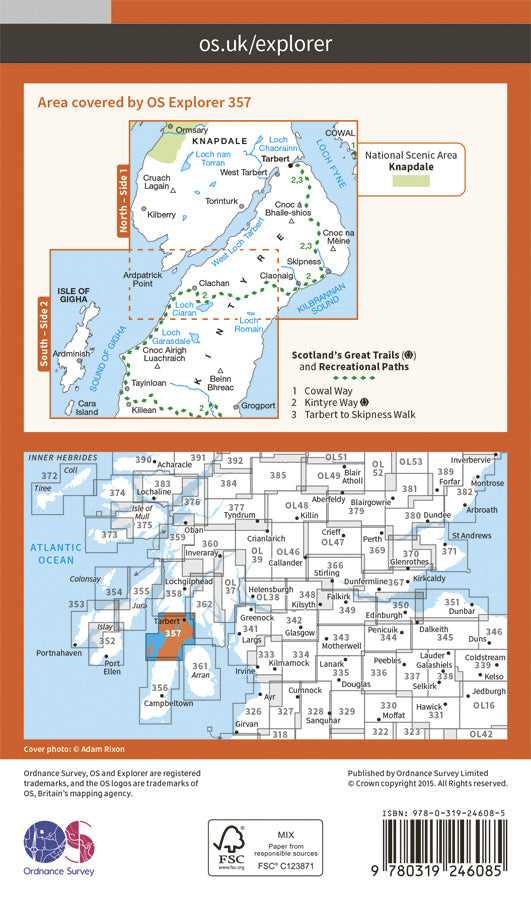 Carte de randonnée n° 357 - Kintyre North (Grande Bretagne) | Ordnance Survey - Explorer carte pliée Ordnance Survey Papier 