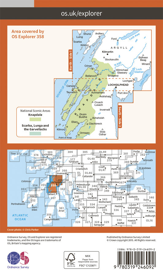 Carte de randonnée n° 358 - Lochgilphead, Knapdale North (Grande Bretagne) | Ordnance Survey - Explorer carte pliée Ordnance Survey Papier 