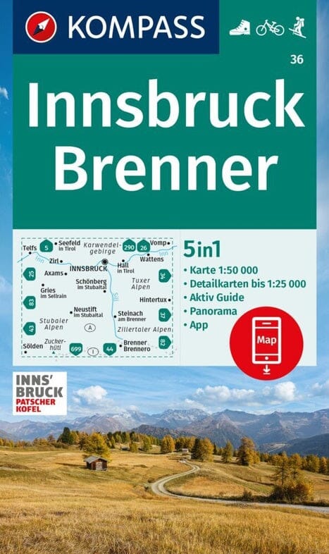 Carte de randonnée n° 36 - Innsbruck, Brenner (Tyrol, Autriche) | Kompass carte pliée Kompass 