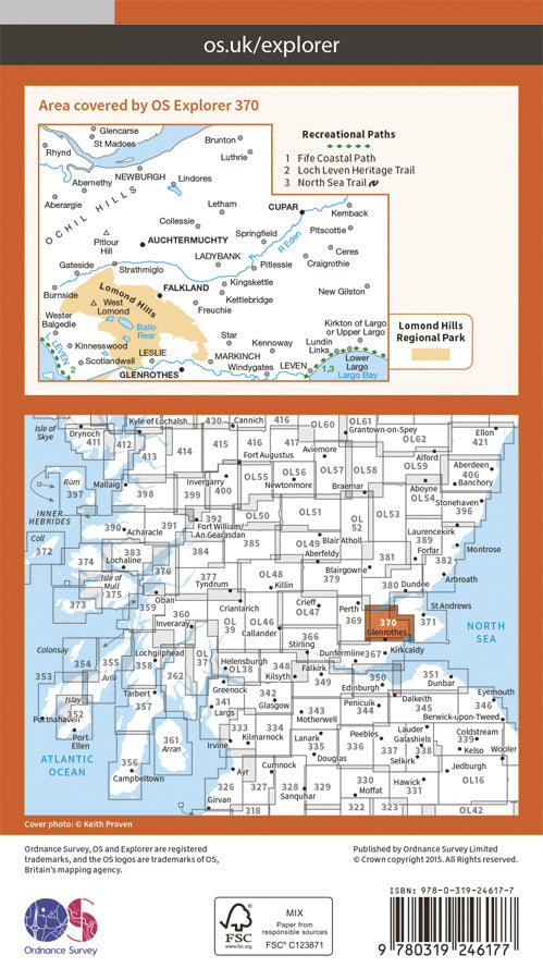 Carte de randonnée n° 370 - Glenrothes North, Falkland & Lomond Hills (Grande Bretagne) | Ordnance Survey - Explorer carte pliée Ordnance Survey Papier 