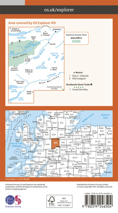 Carte de randonnée n° 415 - Glen Affric, Glen Moriston (Grande Bretagne) | Ordnance Survey - Explorer carte pliée Ordnance Survey Papier 