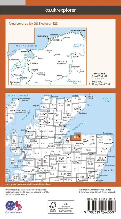 Carte de randonnée n° 423 - Elgin, Forres, Lossiemouth (Grande Bretagne) | Ordnance Survey - Explorer carte pliée Ordnance Survey Papier 