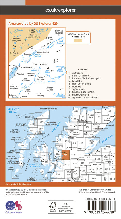 Carte de randonnée n° 429 - Glen Carron, West Monar (Grande Bretagne) | Ordnance Survey - Explorer carte pliée Ordnance Survey Papier 