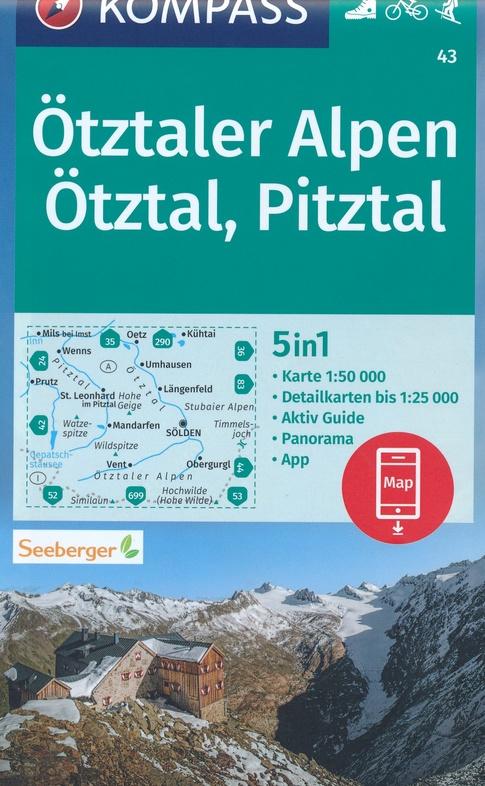 Carte de randonnée n° 43 - Alpes de l'Ötztal , Ötztal, Pitzt + Guide (Autriche, Italie) | Kompass carte pliée Kompass 