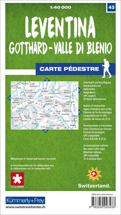 Carte de randonnée n° 43 - Leventina, Gotthard, Valle di Blenio (Suisse) | Kümmerly & Frey-1/40 000 carte pliée Kümmerly & Frey 