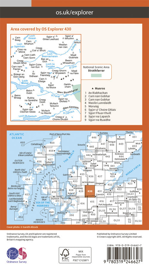 Carte de randonnée n° 430 - Loch Monar, Glen Cannich, Glen Strathfarrar (Grande Bretagne) | Ordnance Survey - Explorer carte pliée Ordnance Survey Papier 