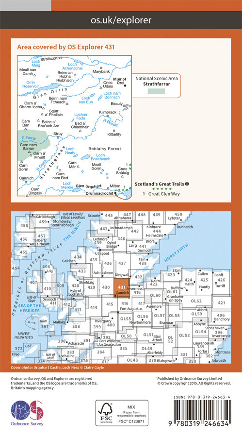 Carte de randonnée n° 431 - Glen Urquhart, Strathglass (Grande Bretagne) | Ordnance Survey - Explorer carte pliée Ordnance Survey Papier 
