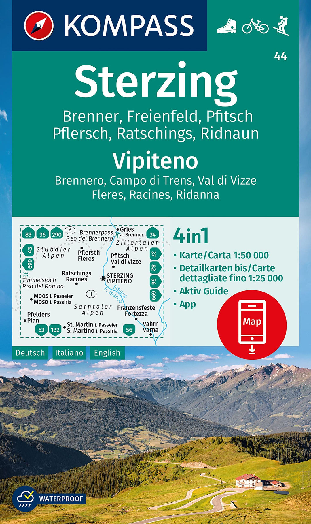 Carte de randonnée n° 44 - Sterzing, Vipiteno + Aktiv Guide (Italie) | Kompass carte pliée Kompass 