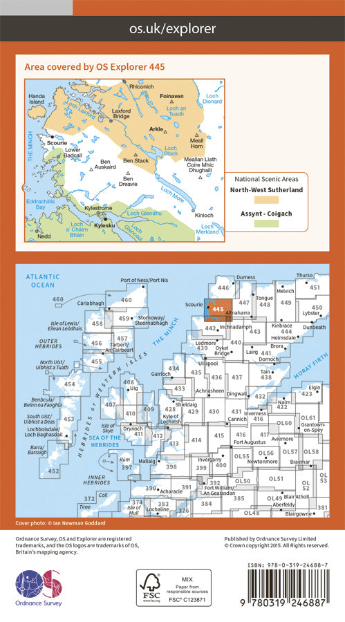 Carte de randonnée n° 445 - Foinaven, Arkle, Kylesku, Scourie (Grande Bretagne) | Ordnance Survey - Explorer carte pliée Ordnance Survey Papier 