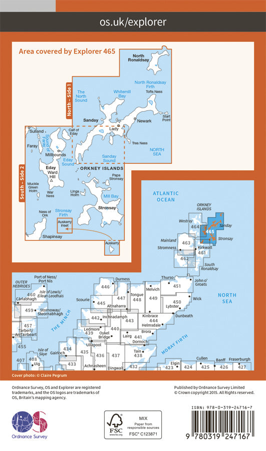 Carte de randonnée n° 465 - Orkney, Sanday, Eday, North Ronaldsay, Stronsay (Grande Bretagne) | Ordnance Survey - Explorer carte pliée Ordnance Survey Papier 