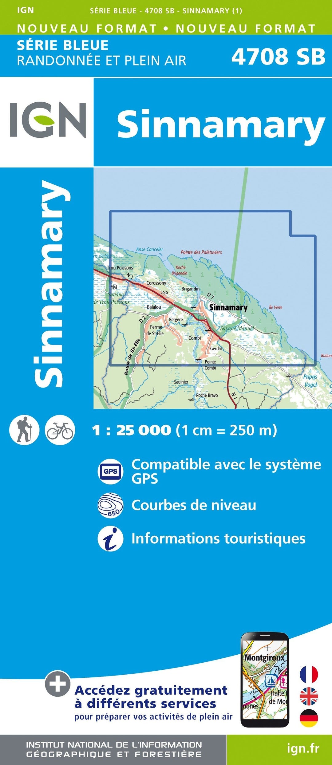 Carte de randonnée n° 4708 - Sinnamary (Guyane) | IGN - Série Bleue carte pliée IGN 