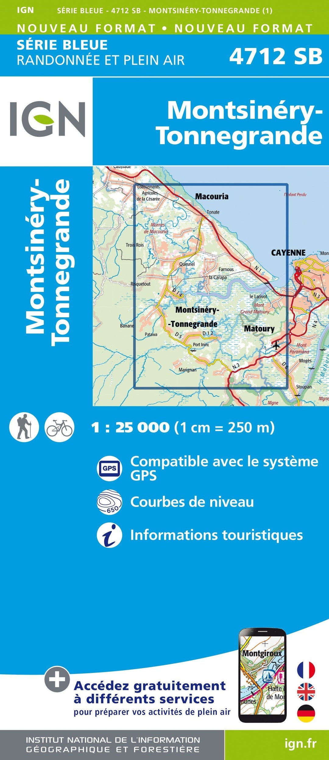Carte de randonnée n° 4712 - Montsinéry, Tonnegrande (Guyane) | IGN - Série Bleue carte pliée IGN 