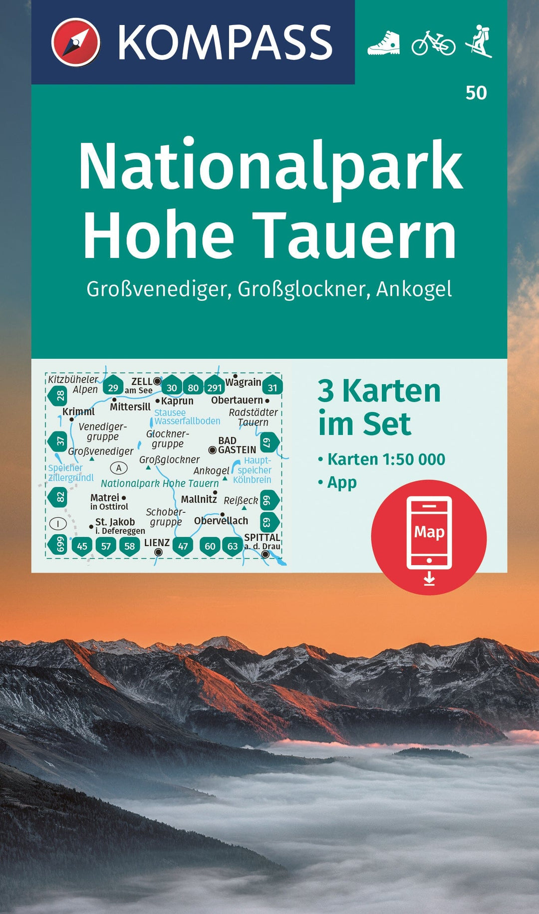 Carte de randonnée n° 50 - Parc National Hohe Tauern (Tyrol, Autriche) | Kompass carte pliée Kompass 