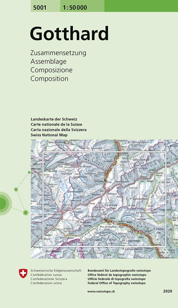 Carte de randonnée n° 5001 - Gotthard (Suisse) | Swisstopo - 1/50 000 carte pliée Swisstopo 
