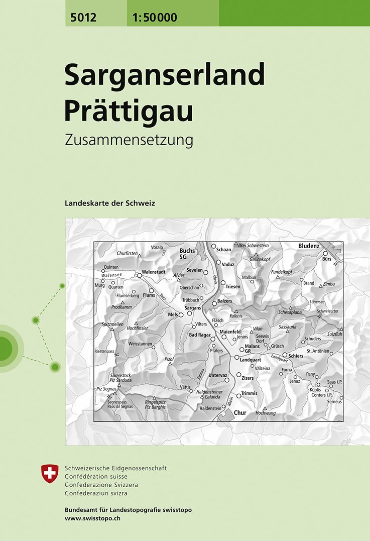 Carte de randonnée n° 5012 - Sarganserland, Prättigau (Suisse) | Swisstopo - 1/50 000 carte pliée Swisstopo 
