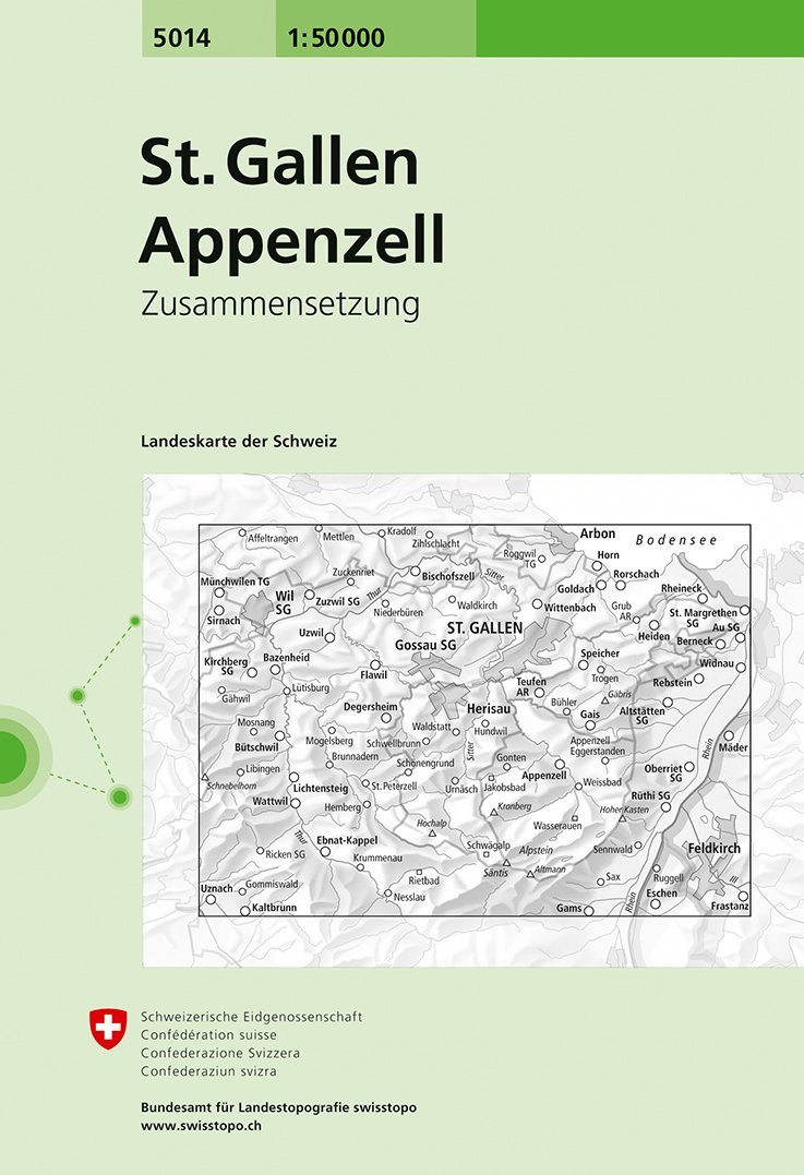 Carte de randonnée n° 5014 - St-Gallen, Appenzell (Suisse) | Swisstopo - 1/50 000 carte pliée Swisstopo 