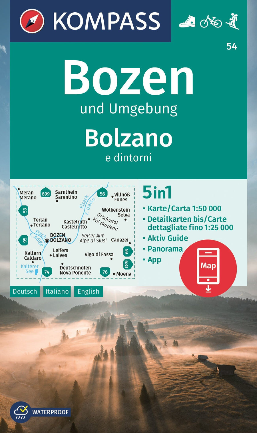 Carte de randonnée n° 54 - Bozen / Bolzano & environs (Italie) | Kompass carte pliée Kompass 
