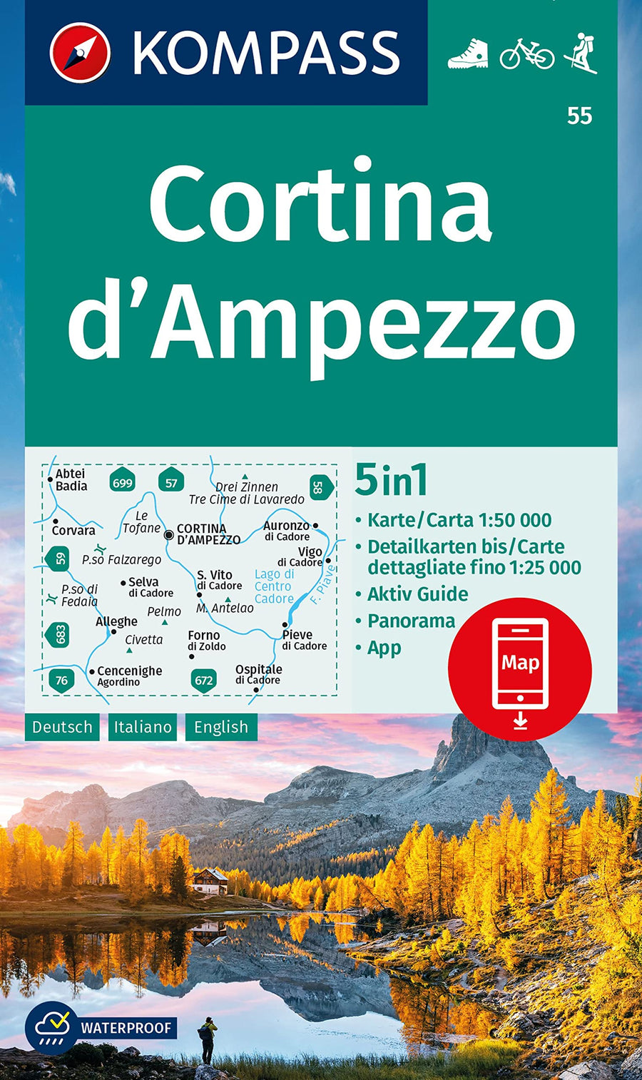 Carte de randonnée n° 55 - Cortina d'Ampezzo (Italie) | Kompass carte pliée Kompass 