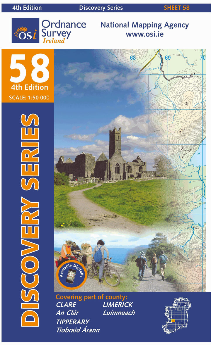 Carte de randonnée n° 58 - Clare, Limerick, Tipperary (Irlande) | Ordnance Survey - série Discovery carte pliée Ordnance Survey Ireland 